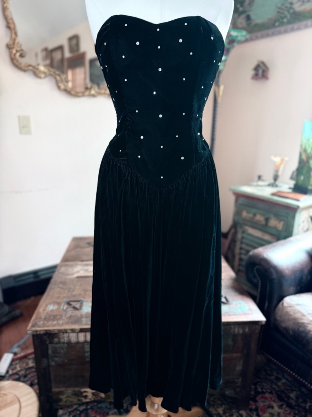 Exquisite Vintage Strapless Black Velvet Midi Dress w/Rhinestone Accented Bodice
